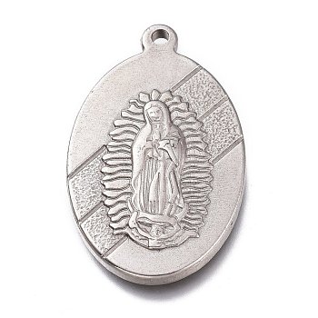 304 Stainless Steel Lady of Guadalupe Pendants, Oval with Virgin Mary, Stainless Steel Color, 35x21.5x3.5mm, Hole: 2mm