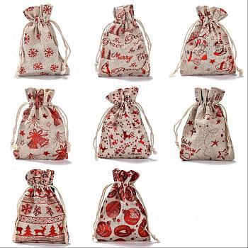 24Pcs 8 Styles Christmas Theme Cotton Gift Packing Pouches Drawstring Bags, for Christmas Valentine Birthday Party Candy Wrapping, Red, Mixed Patterns, 14.3x10cm, 8pattern, 3pcs/pattern, 24pcs
