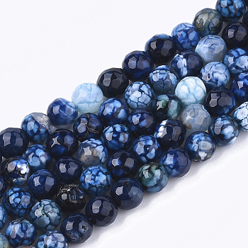 Natural Crackle Agate Beads Strands, Dyed, Faceted, Round, Dark Blue, 6mm, Hole: 1mm, about 63pcs/strand, 14.5 inch