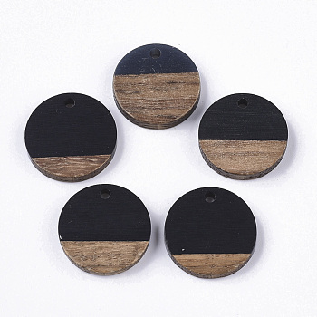 Resin & Walnut Wood Pendants, Flat Round, Black, 18x3.5mm, Hole: 1.5mm