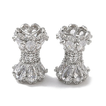Brass Micro Pave Clear Cubic Zirconia Beads, Column with Flower, Cadmium Free & Lead Free, Rack Plating, Long-Lasting Plated, Platinum, 16x11mm