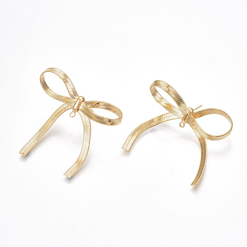 Brass Stud Earring Findings, with Loop, Bowknot, Nickel Free, Real 18K Gold Plated, 40x39mm, Hole: 1.2mm, Pin: 0.7mm