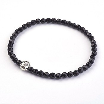 Natural Black Agate Stretch Bracelets, with Alloy Buddha Beads, 2-1/8 inch(5.4cm)
