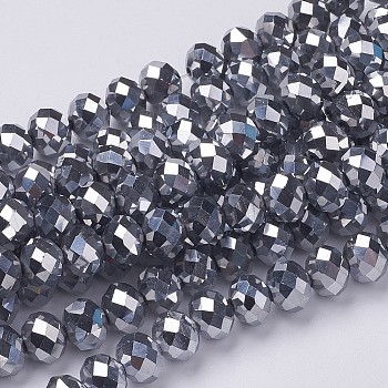 Electroplate Glass Beads Strands, Faceted, Rondelle, Silver Plated, 10x7mm, Hole: 1mm, about 70~72pcs/strand, 18 inch