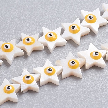 Natural Shell Beads Strands, with Enamel, Star with Evil Eye, Yellow, 10.5~12x10.5~12x4mm, Hole: 0.6mm, about 40pcs/Strand, 15.8 inch(40cm)