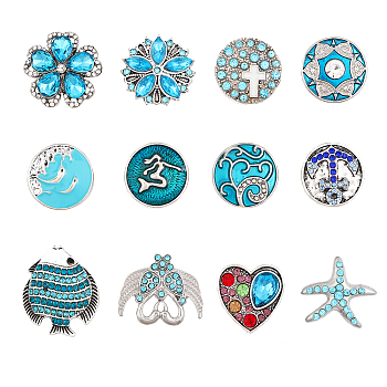 12Pcs 12 Style Alloy Rhinestone Snap Button, with Enamel, Jewelry Buttons, Starfish & Flower & Fish, Antique Silver & Platinum, 9~22x9~26x7~10mm, Knob: 5~5.5mm, 1pc/style