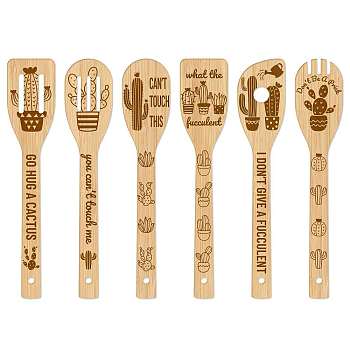 6Pcs Bamboo Spoons & Knifes & Forks, Flatware for Dessert, Cactus Pattern, 60x300mm, 6 style, 1pc/style, 6pcs/set