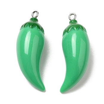 Opaque Resin Imitation Vegetables Pendants, Pepper Charms with Platinum Tone Iron Loops, Green, 39x16x13mm, Hole: 2mm