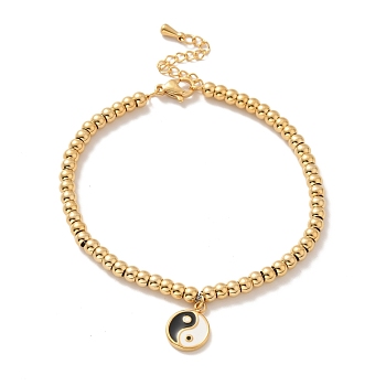 Vacuum Plating 304 Stainless Steel Flat Round with Yin Yang Charm Bracelet with Enamel, 201 Stainless Steel Round Beads Bracelet for Women, Golden, 8-3/4 inch(22.1cm)