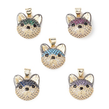 Brass Micro Pave Cubic Zirconia Pendants, Real 16K Gold Plated, Dog Charms, Mixed Color, 16.5x16x7.5mm, Hole: 5x3mm