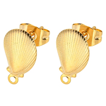 304 Stainless Steel Stud Earring Findings, with Horizontal Loops, Golden, Shell Shape, 12.5x7.5mm, Hole: 1.1mm, Pin: 0.7mm