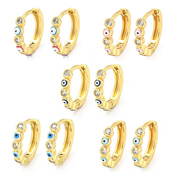 Evil Eye Real 18K Gold Plated Brass Hoop Earrings, with Enamel and Clear Cubic Zirconia, Mixed Color, 13x2.5mm