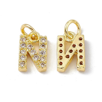 Real 18K Gold Plated Brass Micro Pave Clear Cubic Zirconia Charms, with Jump Ring, Letter.N, 10.5x7x2.5mm, Hole: 3.4mm