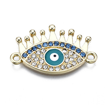 Alloy Enamel Links Connectors, with Rhinestone, Cadmium Free & Nickel Free & Lead Free, Real 18K Gold Plated, Eye, Dark Turquoise, 19.5x30.5x2.5mm, Hole: 2mm