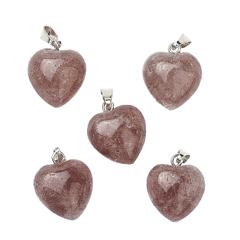 Natural Strawberry Quartz Pendants, with Platinum Brass Loops, Heart, 18~19x15~15.5x6~8mm, Hole: 6x2.5~3mm
