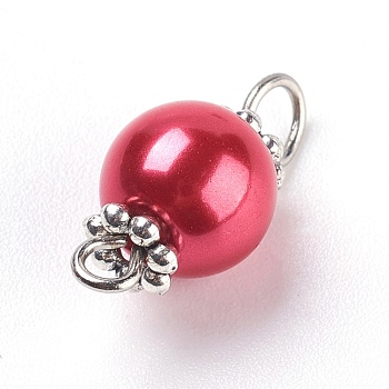 Pearlized Glass Pearl Links connectors, with Tibetan Style Alloy Bead Spacers and Iron Eye Pin, Round, Red, 17x8mm, Hole: 2mm and 3mm