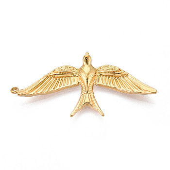 304 Stainless Steel Pendants, Ion Plating(IP), Bird Charm, Real 18K Gold Plated, 48x23x3.2~3.8mm, Hole: 1.6mm