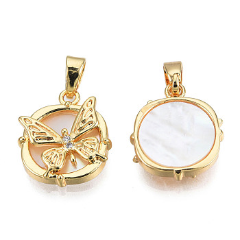 Brass Micro Pave Clear Cubic Zirconia Pendants, with Natural Shell, Real 18K Gold Plated, Nickel Free, Flat Round with Butterfly, Creamy White, 15.5x13x3mm, Hole: 4x2.5mm