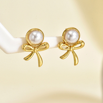 Stainless Steel Stud Earrings, Real 18K Gold Plated, with Imitation Pearl, Bowknot, 20mm