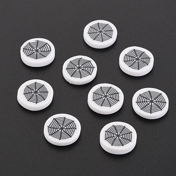 Handmade Polymer Clay Cabochons, Flat Round with Spider Web, White, 9.5~10x1.5~2mm, about 5500pcs/1000g