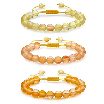 3Pcs Round Synthetic Moonstone Braided Bead Bracelets, Gemstone Jewelry for Women, Yellow, Inner Diameter: 1-7/8~3-1/4 inch(4.8~8.3cm)
