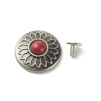 Alloy Buttons, with Synthetic Turquoise and Iron Screws, for Purse, Bags, Leather Crafts Decoration, Flat Round with Flower Pattern, Red, 20x6.7mm, Hole: 2.5mm