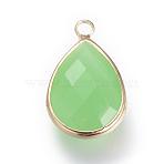 Glass Pendants, with Brass Findings, Faceted, Drop, Light Gold, Pale Green, 18x10.5x4.5mm, Hole: 1.8~2.3mm(GLAA-S110-B-13)