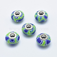 Handmade Polymer Clay European Beads, with Silver Color Plated Brass Cores, Large Hole Beads, Rondelle, Spring Green, 13~16x8~11mm, Hole: 4.5~5mm(CLAY-K002-C06)