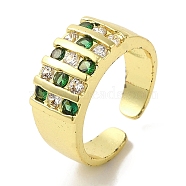 Rack Plating Brass Micro Pave Cubic Zirconia Cuff Rings, Long-Lasting Plated, Lead Free & Cadmium Free, Sea Green, Adjustable(RJEW-H228-13G-03)