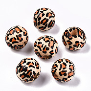 Printed Natural Wooden Beads, Round with Leopard Print Pattern, Peru, 13x12mm, Hole: 3mm(WOOD-R270-05)