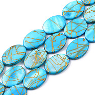 Natural Freshwater Shell Beads Strands, Drawbench, Dyed, Oval, Deep Sky Blue, 17~18x12~13x4~5mm, Hole: 1mm, about 22~23pcs/strand, 15.3 inch(X-SSHEL-T007-17)