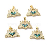 Rack Plating Brass Micro Pave Cubic Zirconia Pendants, with Synthetic Opal, with Jump Ring, Lead Free & Cadmium Free, Long-Lasting Plated, Hand with Heart, Real 18K Gold Plated, 17.5x24.5x4.5mm, Hole: 5x3.6mm(KK-D088-01G)
