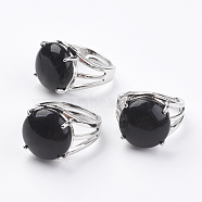 Adjustable Natural Black Agate Finger Rings, with Brass Findings, US Size 7 1/4(17.5mm)(RJEW-F075-01M)