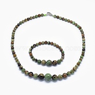 Natural Green Opal Graduated Beads Necklaces and Bracelets Jewelry Sets, with Brass Lobster Claw Clasps, 17.5 inch(44.5cm), 2 inch(5cm)(SJEW-L132-04)