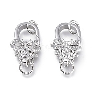 Brass Micro Pave Clear Cubic Zirconia Lobster Claw Clasps, with Jump Rings, Long-Lasting Plated, Insects, Platinum, 17.5x10.5x6mm, Hole: 3.5mm(X-ZIRC-Q024-20P)