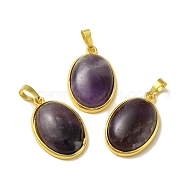 Natural Amethyst Pendants, Oval Charms, with Rack Plating Golden Plated Brass Findings, Lead Free & Cadmium Free, 31x20x7.5~8mm, Hole: 7x5mm(G-H286-07G-14)