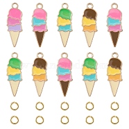 Summer Theme Alloy Enamel Pendants, Ice Cream Charms, with Brass Open Jump Rings, Mixed Color, Charms: 26x10x1mm, hole: 2mm, 10pcs; Jump Rings: 20 Gauge, 4x0.8mm, Inner Diameter: 2.4mm, 10pcs(ENAM-YW0002-86G)