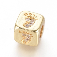 Brass Beads, with Micro Pave Cubic Zirconia, Cube with Baby Footprint, Clear, Golden, 6x6x6mm, Hole: 3mm(KK-I657-05G)