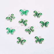 Alloy Enamel Charms, Cadmium Free & Lead Free, Butterfly, Silver Color Plated, Green, 13.5x11x2.5mm, Hole: 1.5mm(X-ENAM-FH338-3)
