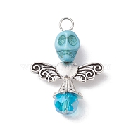 Synthetic Turquoise & Glass Pendants, Skull Charms with Alloy Wings, Light Sky Blue, 32x23.5x10mm, Hole: 3.5mm(PALLOY-TA00113-02)