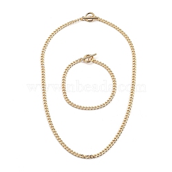 Brass Curb Chain Bracelets & Necklaces Jewelry Sets, with 304 Stainless Steel Toggle Clasps, Golden, 18.11 inch(46cm), 7-7/8 inch(20cm)(SJEW-JS01111)