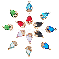 14Pcs 7 Colors Transparent Glass Pendants, for DIY Jewelry Making, with Brass Findings, Faceted, Teardrop with Flower, Light Gold, Mixed Color, 16x9x6mm, Hole: 1.2mm, 2pcs/color(GLAA-SC0001-55)