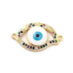 Brass Micro Pave Colorful Cubic Zirconia Connector Charms, Evil Eye Link, with Enamel, Long-Lasting Plated, Cadmium Free & Nickel Free & Lead Free, Real 18K Gold Plated, 16x29x4.5mm, Hole: 1.5mm(KK-H434-04G)
