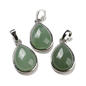 Natural Green Aventurine Pendants, Teardrop Charms with Platinum Plated Brass Snap on Bails, 24x15x7.5mm, Hole: 4x8mm