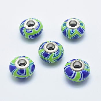 Handmade Polymer Clay European Beads, with Silver Color Plated Brass Cores, Large Hole Beads, Rondelle, Spring Green, 13~16x8~11mm, Hole: 4.5~5mm