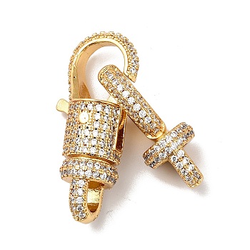 Brass Micro Pave Clear Cubic Zirconia Interlocking Clasps, Cadmium Free & Nickel Free & Lead Free, Real 18K Gold Plated, 52mm, Clasp1: 32.5x13x10mm, Clasp2: 25x11x9.5mm, Hole: 5x4.8mm