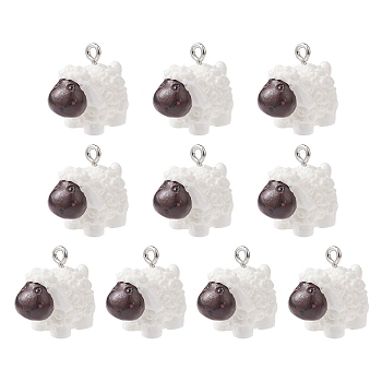 Opaque Resin Pendants, 3D Sheep Charms with Platinum Tone Iron Loops, White, 15~16x22x13mm, Hole: 1.8mm