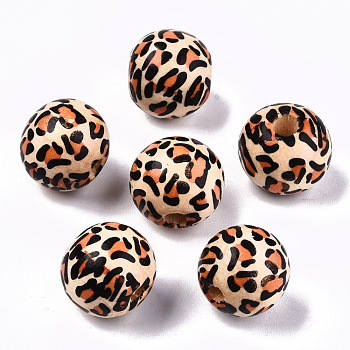 Printed Natural Wooden Beads, Round with Leopard Print Pattern, Peru, 13x12mm, Hole: 3mm