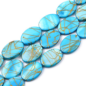 Natural Freshwater Shell Beads Strands, Drawbench, Dyed, Oval, Deep Sky Blue, 17~18x12~13x4~5mm, Hole: 1mm, about 22~23pcs/strand, 15.3 inch