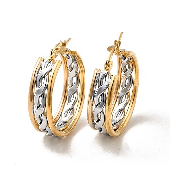 Two Tone Hollow Braided 304 Stainless Steel Hoop Earrings for Women, Golden & Stainless Steel Color, 31x29x8mm, Pin: 1x0.6mm